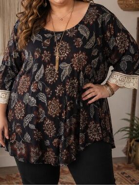 Woman Within 5X 38/40 Floral Boho Lace Trim Tunic Top Plus Size